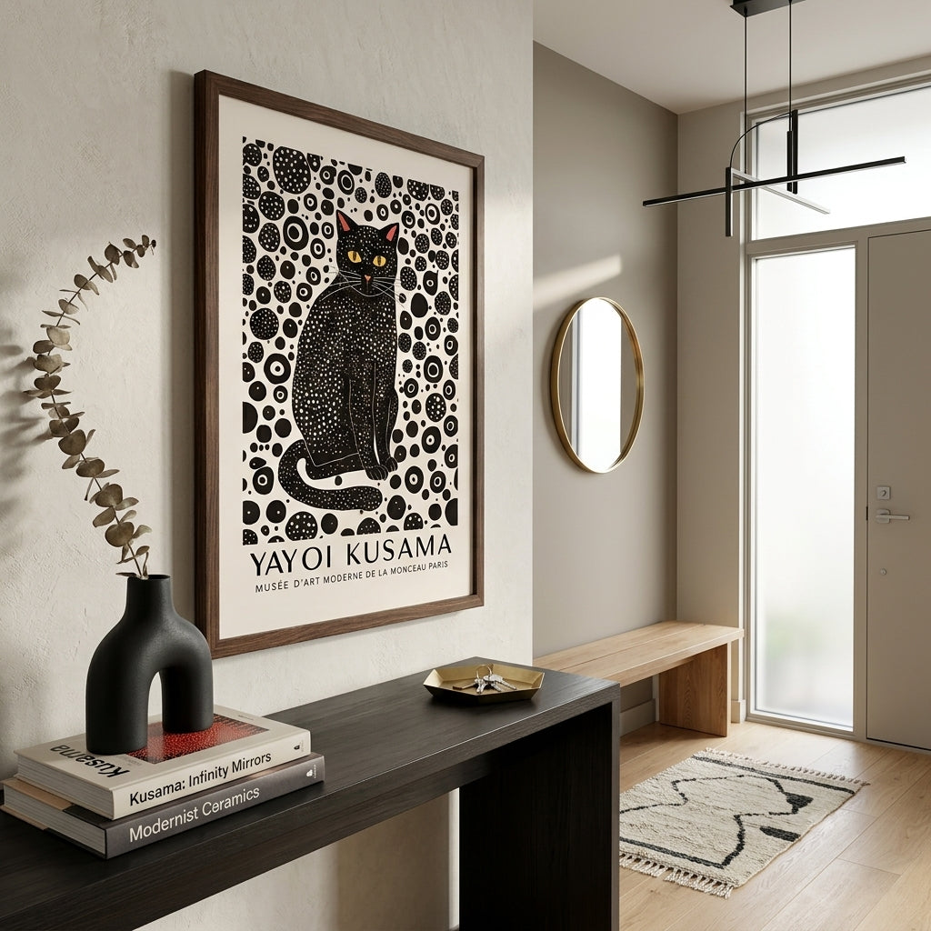 Minimalist Black Cat Art Print and abstract dot-pattern cat poster by PrintHaus on a modern entryway wall art decor