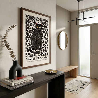 Minimalist Black Cat Art Print and abstract dot-pattern cat poster by PrintHaus on a modern entryway wall art decor