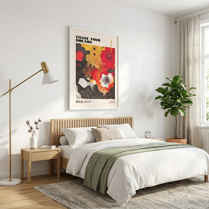 Framed Bold color Japanese Graphic Poppy Art Print for living room wall décor by PrintHaus on modern and minimalistic wall art decor.