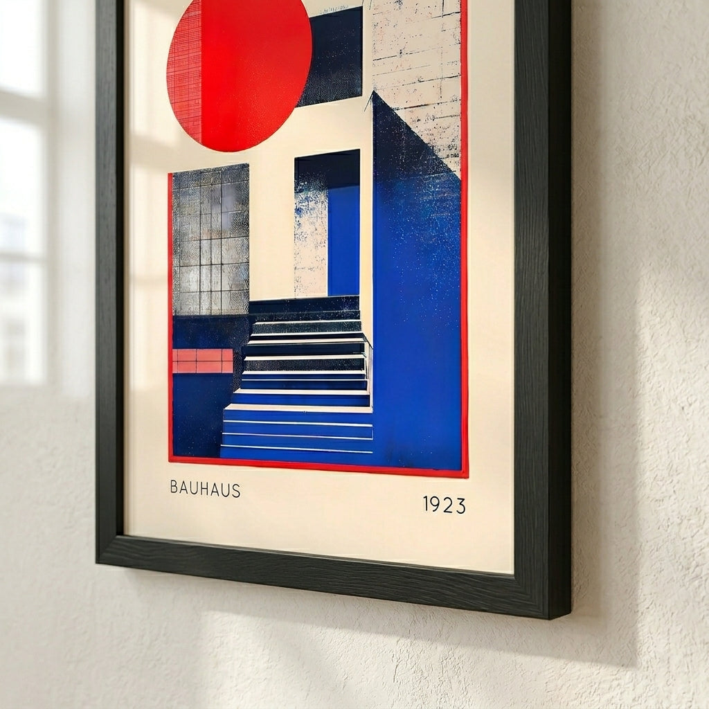 Abstract bauhaus wall art print from 1920s piece with geometric shapes on a textured wall.