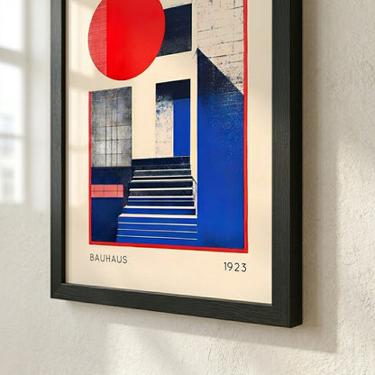 Abstract bauhaus wall art print from 1920s piece with geometric shapes on a textured wall.
