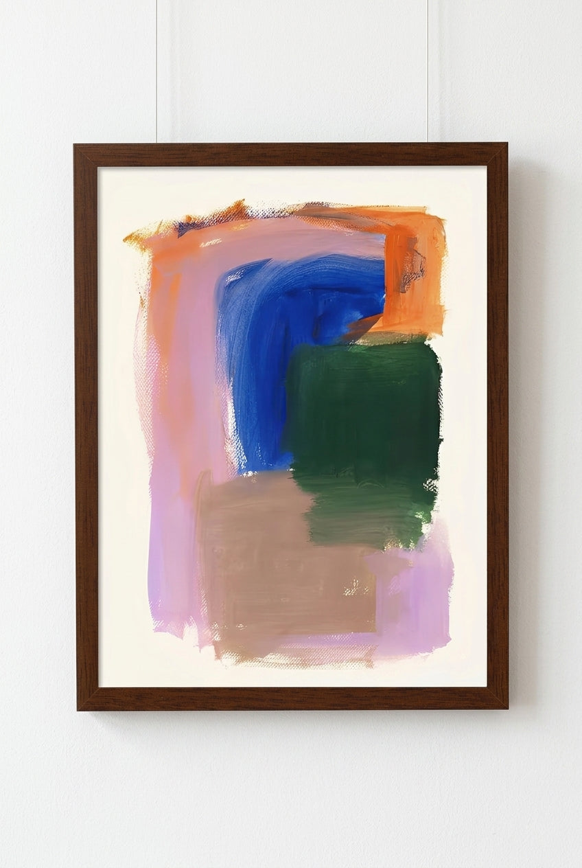 Framed Colorful Modern Abstract Art Print with colorful brush strokes on a white wall