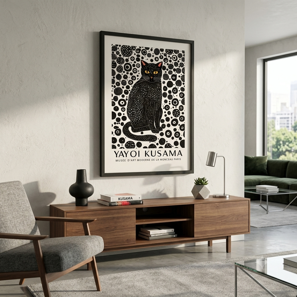 Minimalist Black Cat Art Print with contemporary feline portrait by PrintHaus on a modern living room wall decor
