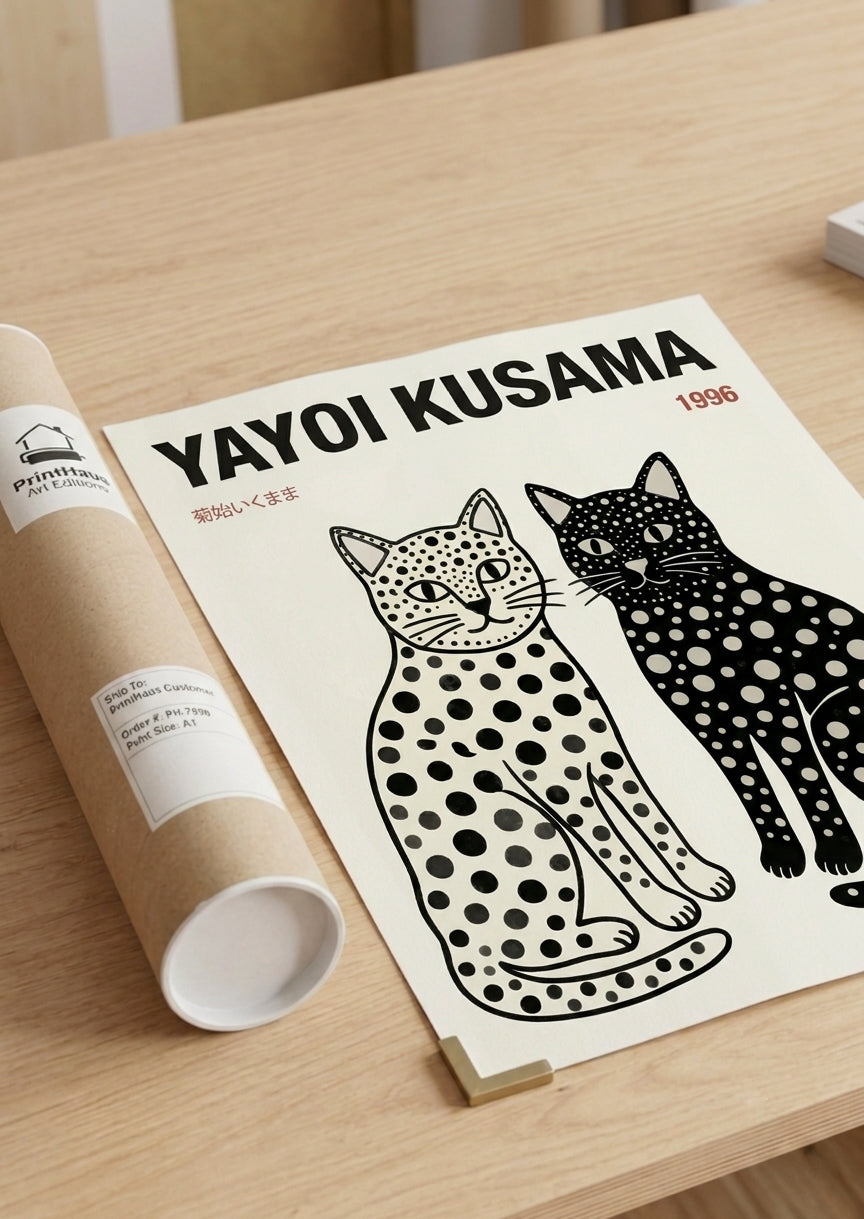Whimsical modern cat decor print Yayoi Kusama inspired artwork PrintHaus wall art poster