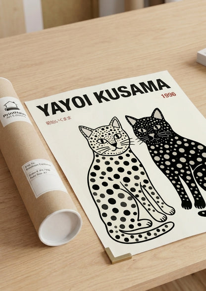 Whimsical modern cat decor print Yayoi Kusama inspired artwork PrintHaus wall art poster