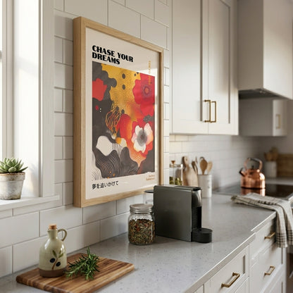 Framed Premium Japanese Graphic Poppy Art Print with floral illustration by PrintHaus on a Minimalistic Kitchen wall decor.