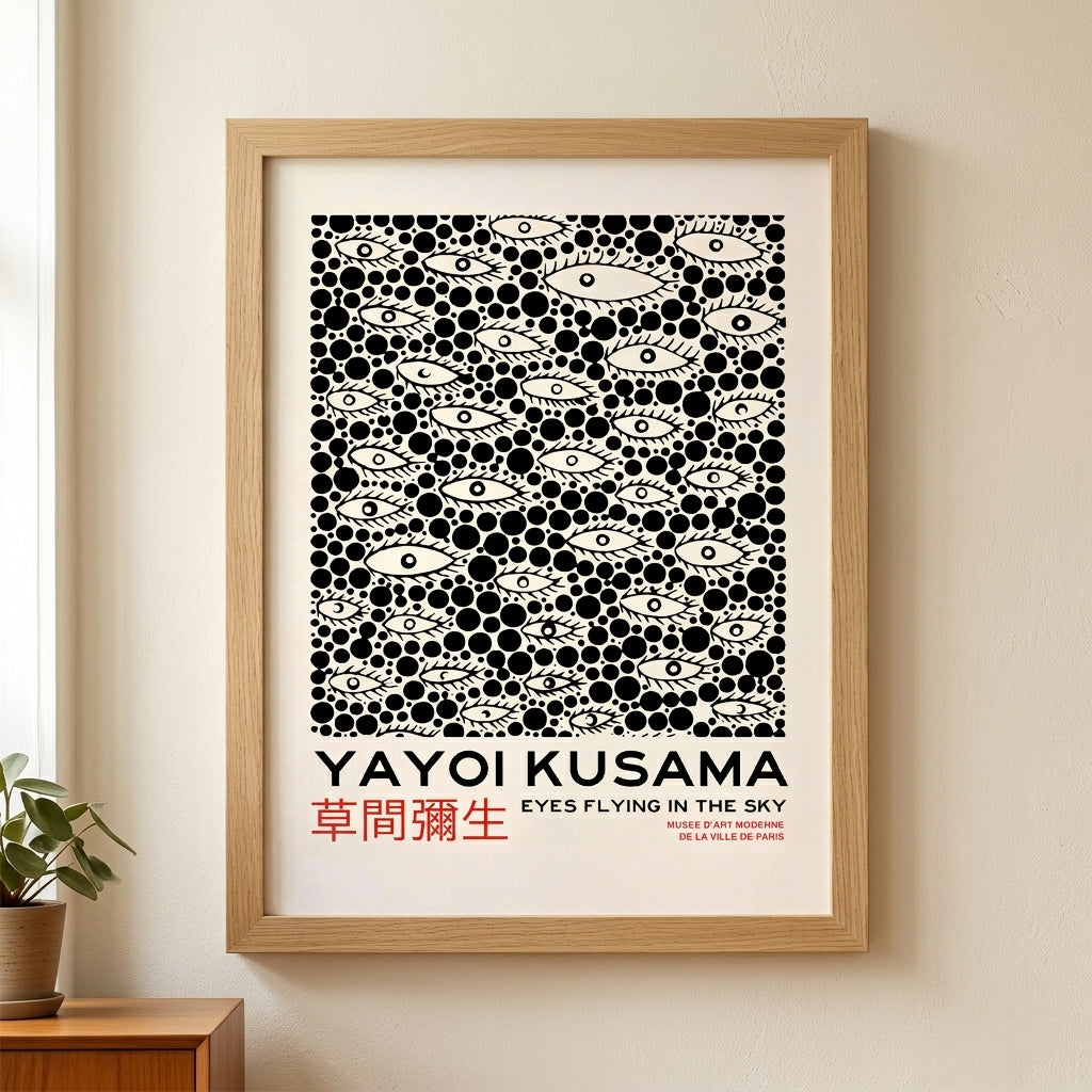 Yayoi-Kusama Inspired Poster Dots and Eyes titled 'Eyes Flying in the Sky' on a wall.