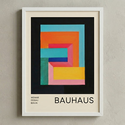 White Framed Bauhaus Geometric Abstract Art Printwith colorful geometric design on a beige wall