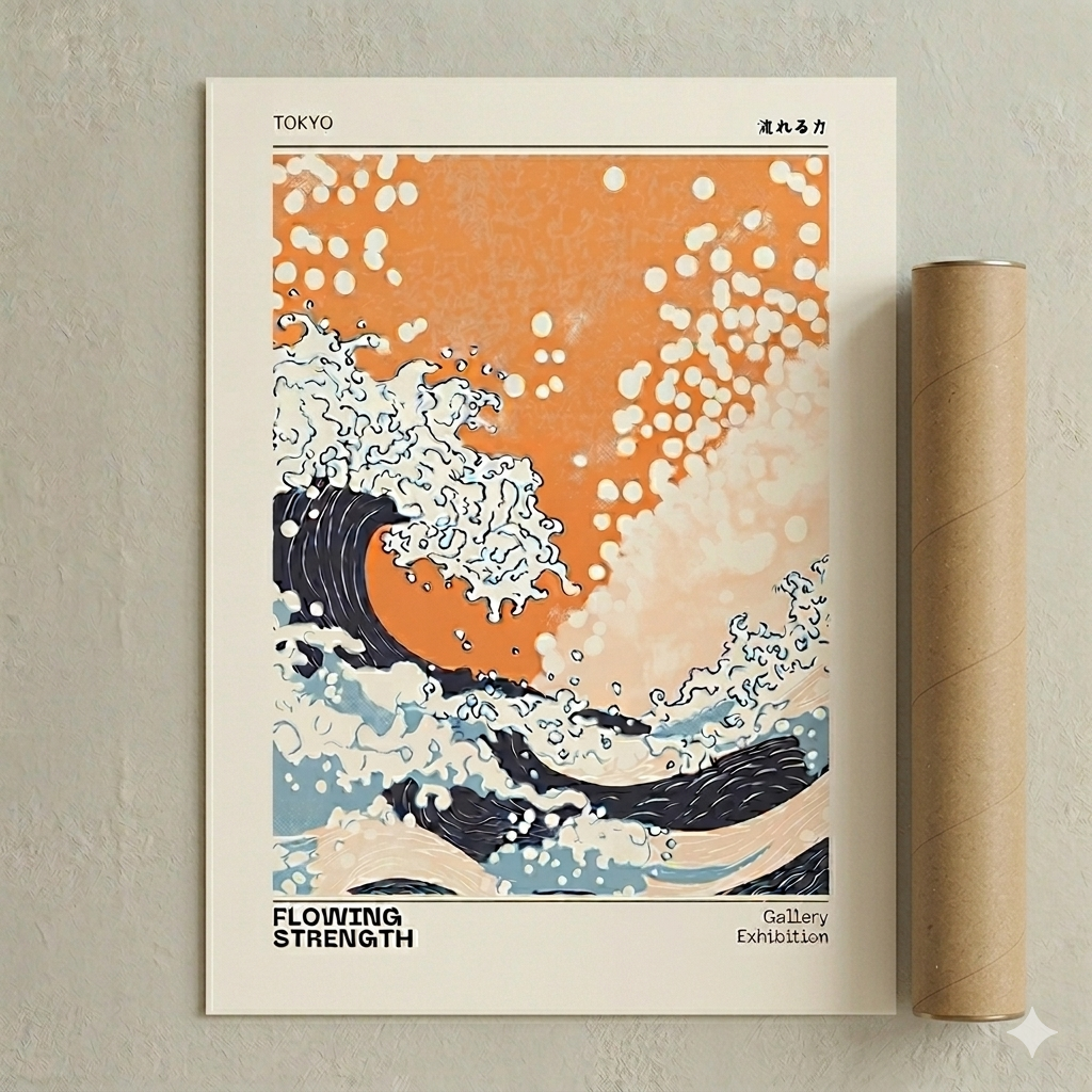 Japanese Wave Print – Tokyo Gallery Exhibition Wave Poster with deep blue waves and orange sunset sky
