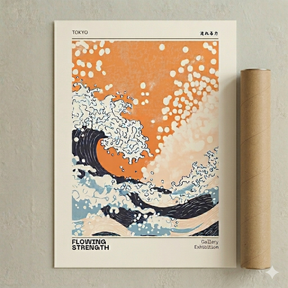 Japanese Wave Print – Tokyo Gallery Exhibition Wave Poster with deep blue waves and orange sunset sky
