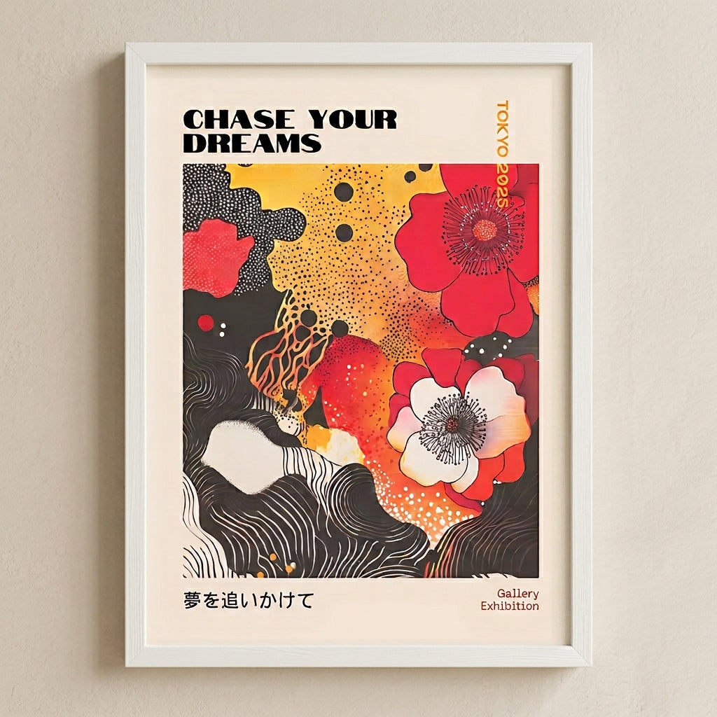 white wooden framed Japanese Graphic Poppy Art Print inspired by 1970s pop art style flower prints by PrintHaus on a minimalistic wall decor