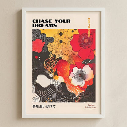 white wooden framed Japanese Graphic Poppy Art Print inspired by 1970s pop art style flower prints by PrintHaus on a minimalistic wall decor