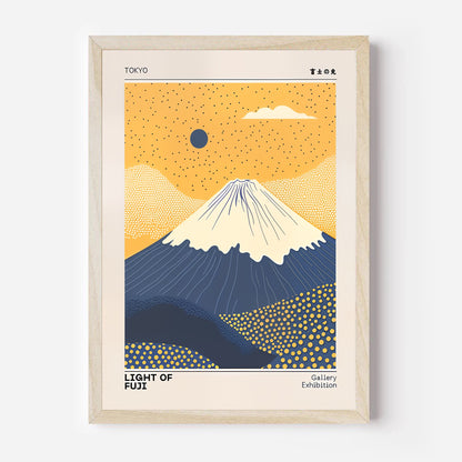 Framed artwork of Mount Fuji with a blue sky and orange sun, labeled 'Light of Fuji' on a white background.
