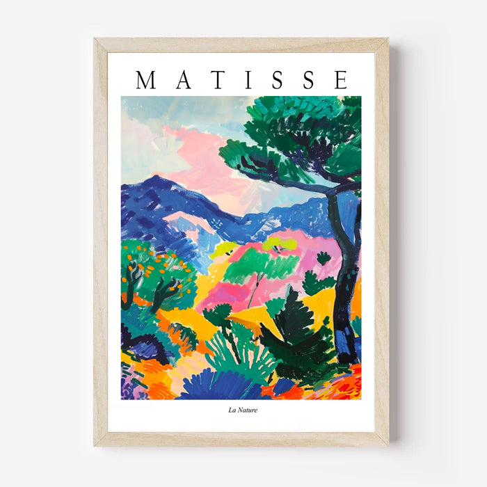 Framed Matisse art print with colorful landscape on a white background