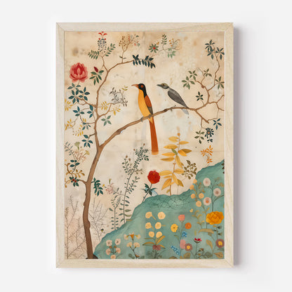 Framed artwork with birds on a branch and floral elements on a white background