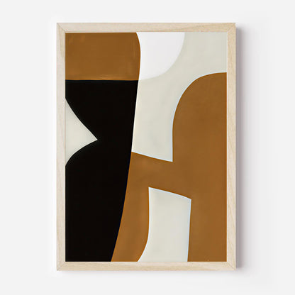 Abstract art print with geometric shapes in brown, black, and white on a light gray background.