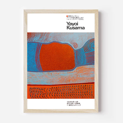 Framed Yayoi Kusama art print with abstract design and text on a white background