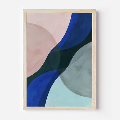Framed abstract art with blue, green, and pink colors on a white background