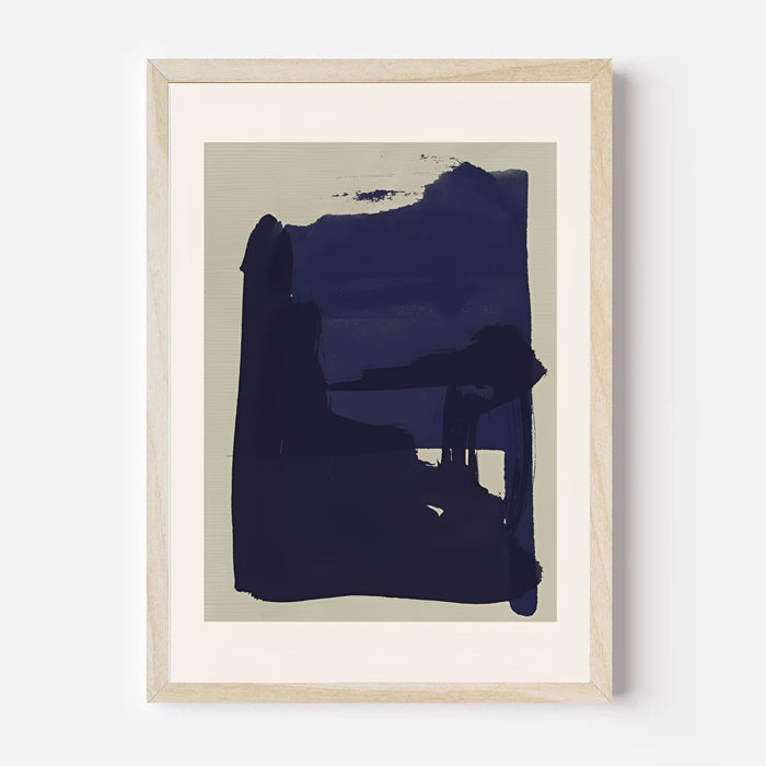 Framed abstract art print with a blue and beige color scheme on a white background