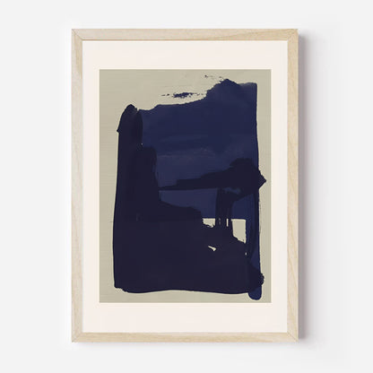 Framed abstract art print with a blue and beige color scheme on a white background