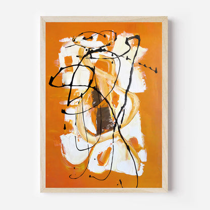 Abstract art piece with black lines on an orange background, framed in white.