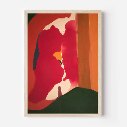 Abstract art print with red, orange, and green colors on a white background