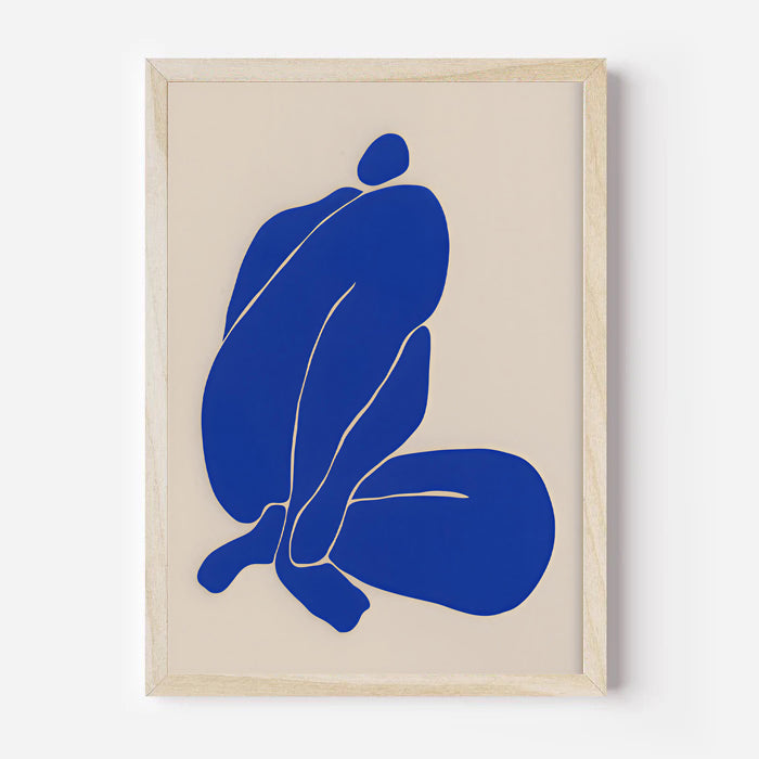Framed artwork with a blue abstract figure on a beige background