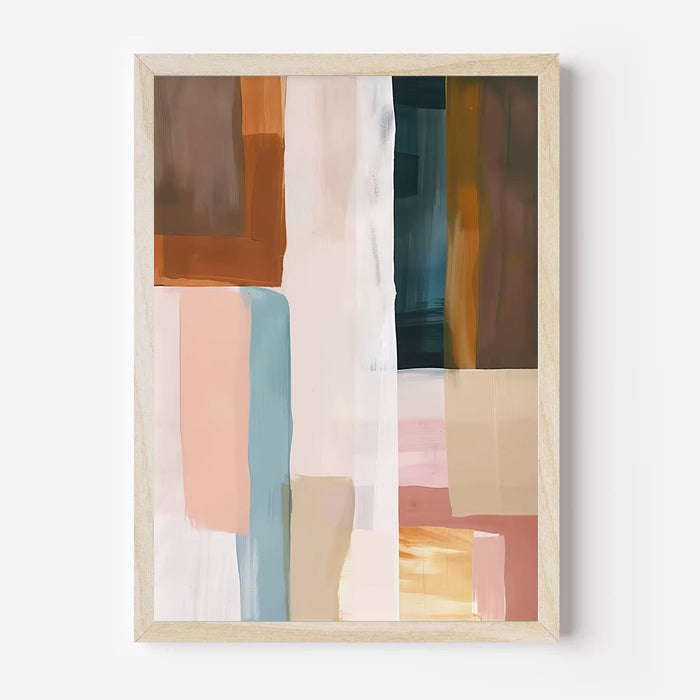 Abstract art print with colorful geometric shapes in a wooden frame on a white background