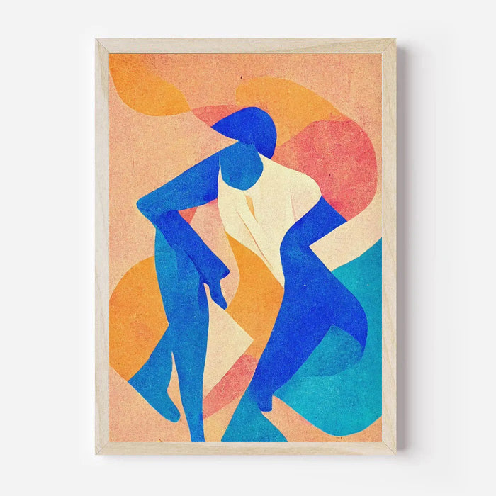 Abstract art print with blue figures and colorful shapes on a beige background