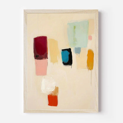 Abstract art print with colorful rectangular shapes on a beige background