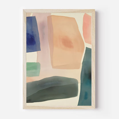 Abstract art print with geometric shapes in blue, green, and brown on a white background