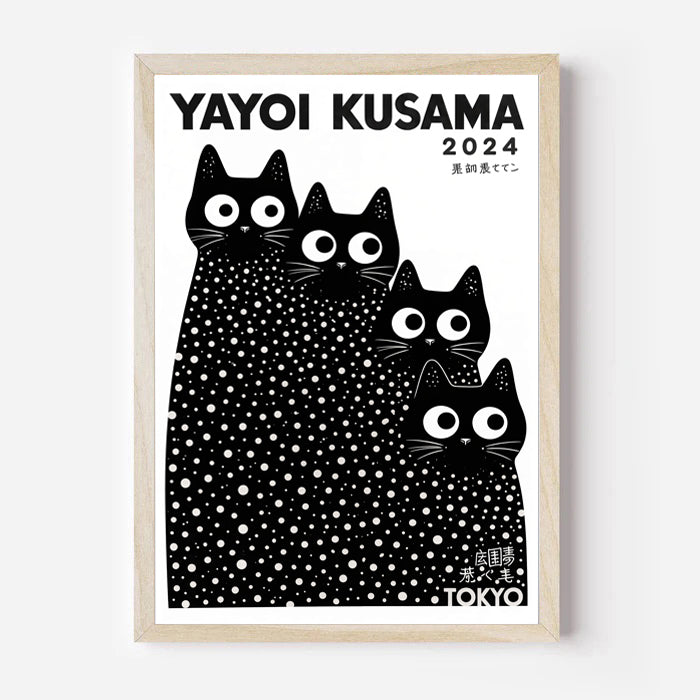 Framed artwork with black and white cat illustration and 'YAYOI KUSAMA cats 2024' text on a white background