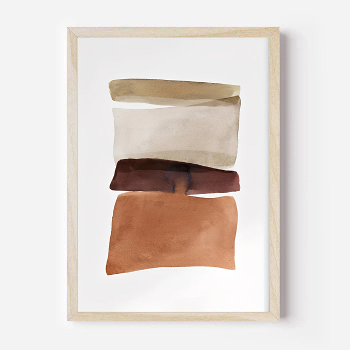Framed abstract art with brown and beige shapes on a white background