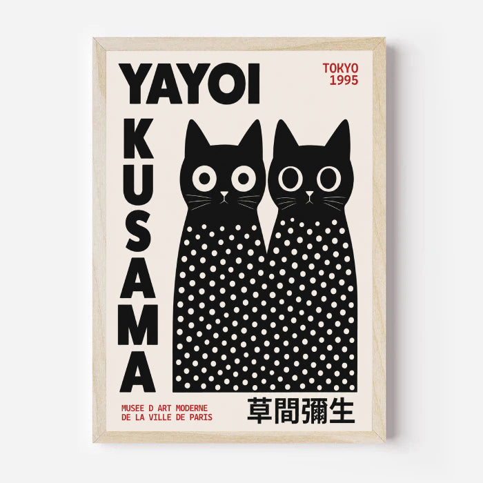 Oak Framed artwork of Yayoi Kusama Inspired Black Cat Poster