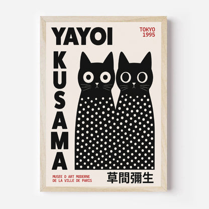 Oak Framed artwork of Yayoi Kusama Inspired Black Cat Poster