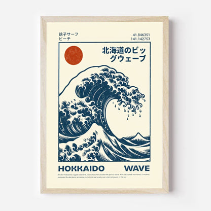 Framed poster of a Hokusai Wave Poster Print with text on a white background