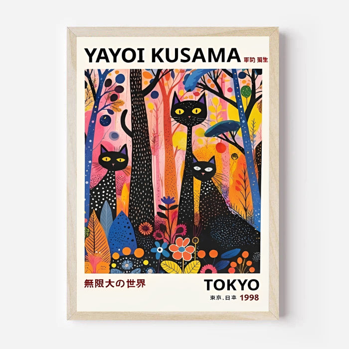 Framed artwork by Yayoi Kusama cat poster 1996 and colorful trees on a white background.