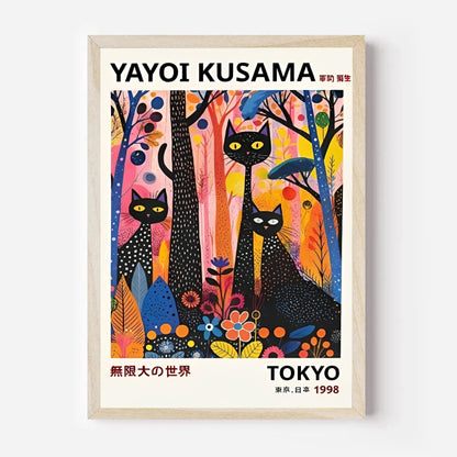 Framed artwork by Yayoi Kusama cat poster 1996 and colorful trees on a white background.