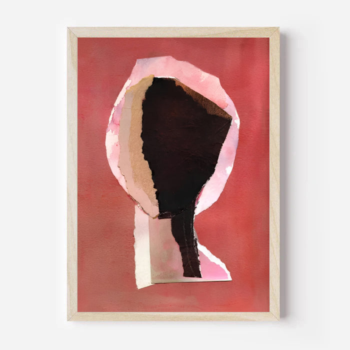 Framed abstract art with a red background and geometric shapes.