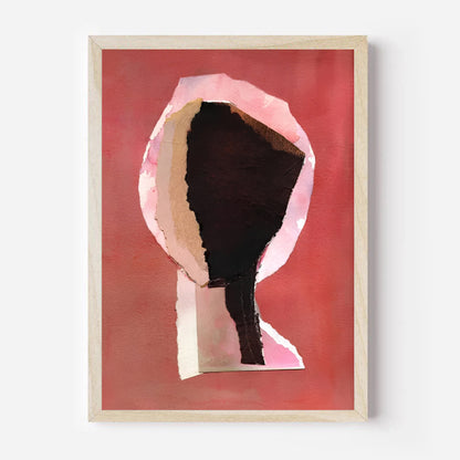 Framed abstract art with a red background and geometric shapes.