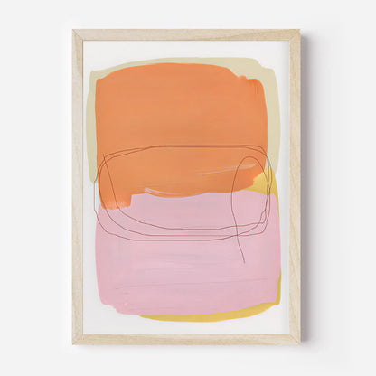 Framed abstract art print with orange and pink shapes on a white background