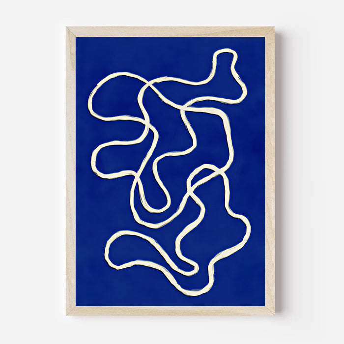 Framed abstract art with white lines on a blue background
