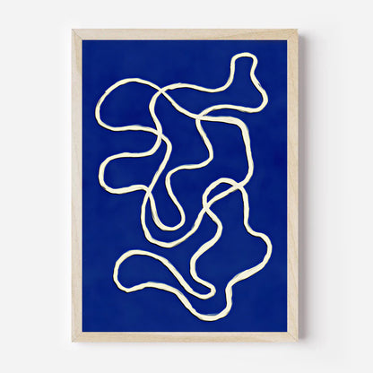 Framed abstract art with white lines on a blue background