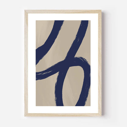 Framed abstract art print with blue brush strokes on beige background