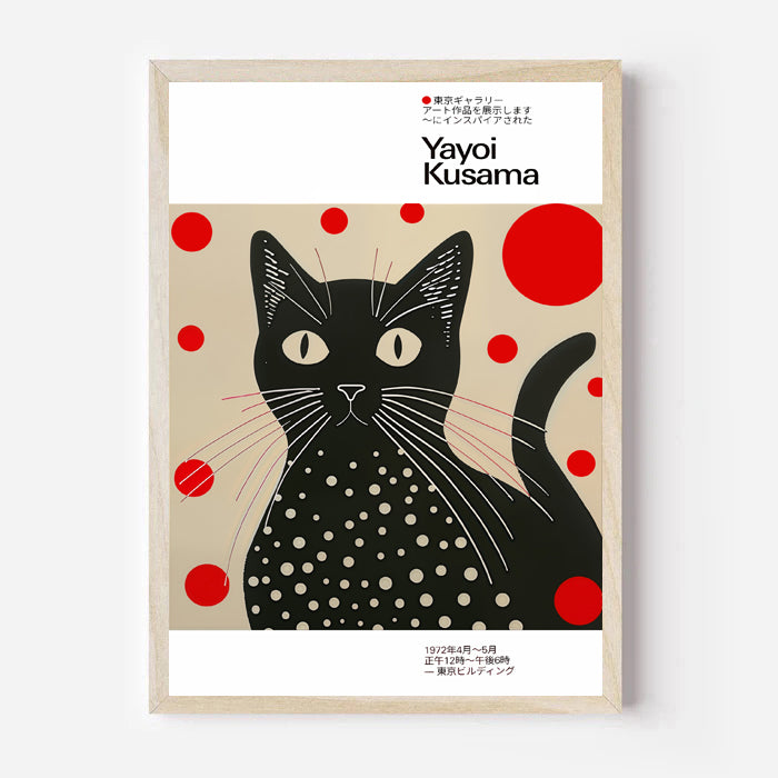 Framed artwork of a black cat with white polka dots and red circles, featuring Yayoi Kusama's name.