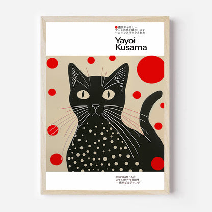 Framed artwork of a black cat with white polka dots and red circles, featuring Yayoi Kusama's name.