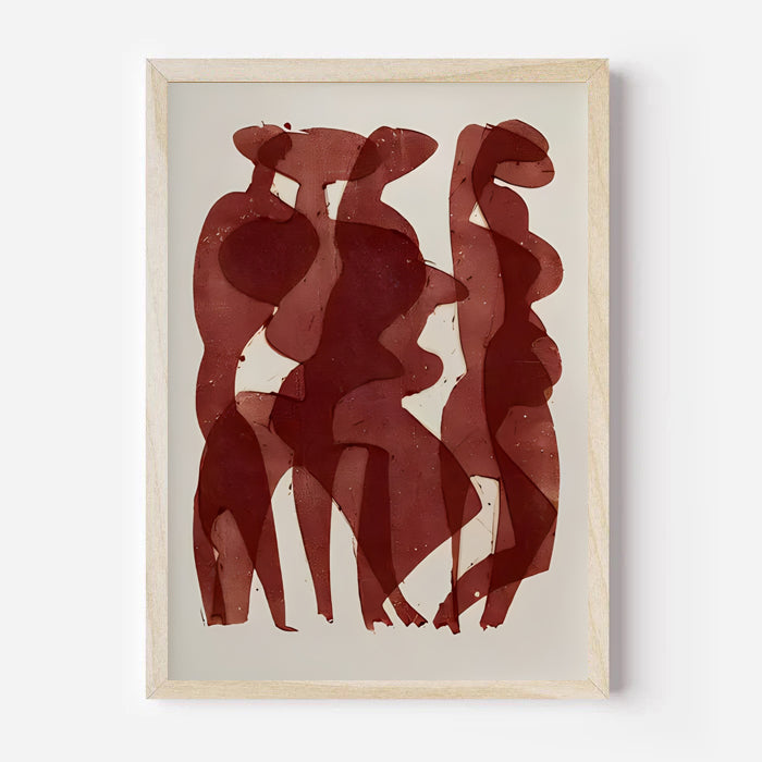 Framed abstract art with red shapes on a beige background