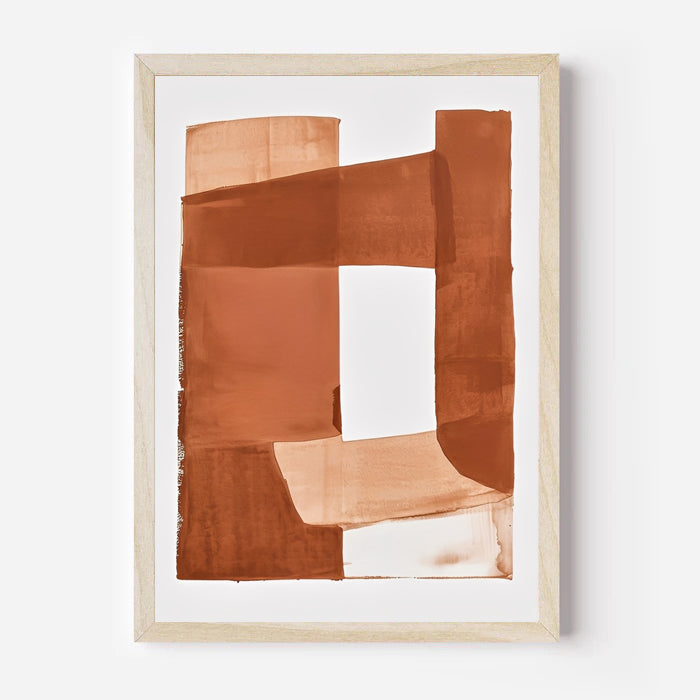Abstract art print with brown and beige colors in a wooden frame on a white background