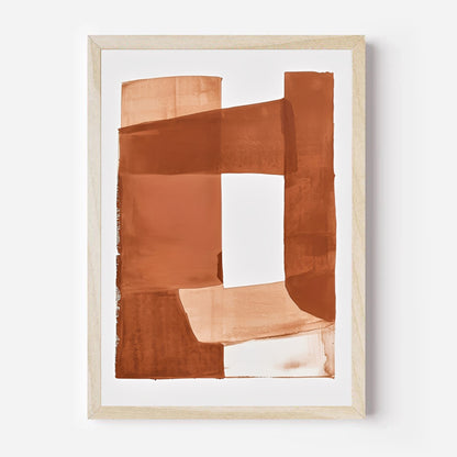 Abstract art print with brown and beige colors in a wooden frame on a white background
