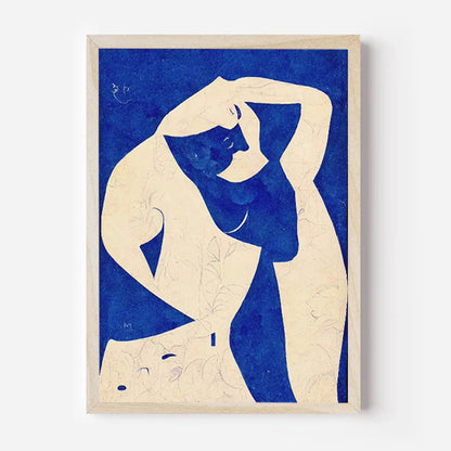 Framed artwork of a stylized figure on a blue background